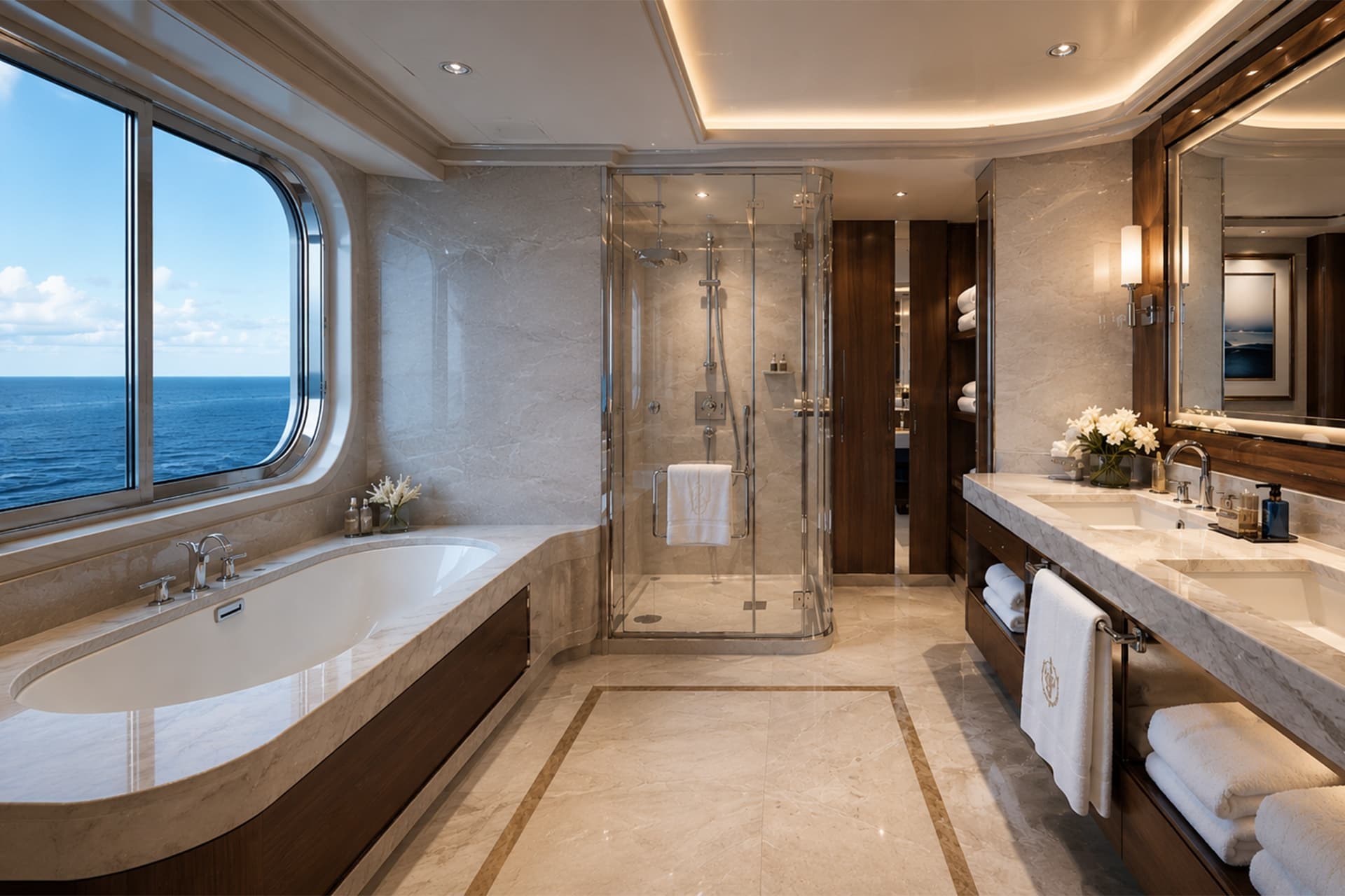 Luxury cruise suite bathroom with ocean view
